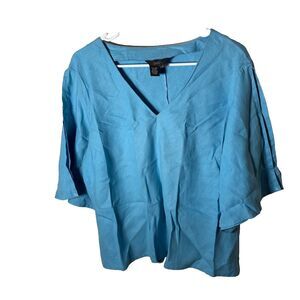 Ishyu Blouse Women's XL Blue V-Neck Short Sleeve Lightweight Casual Top